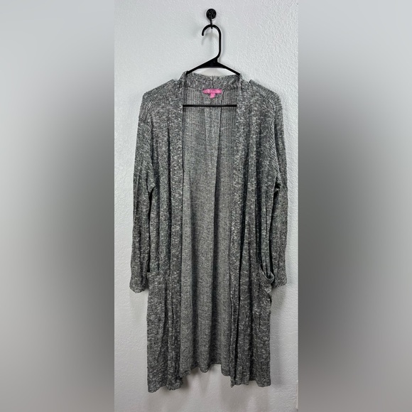 Hale Bob Cardigan Sweater Womens Sz M Open Long Line Duster Pockets  Gray white - Picture 1 of 8